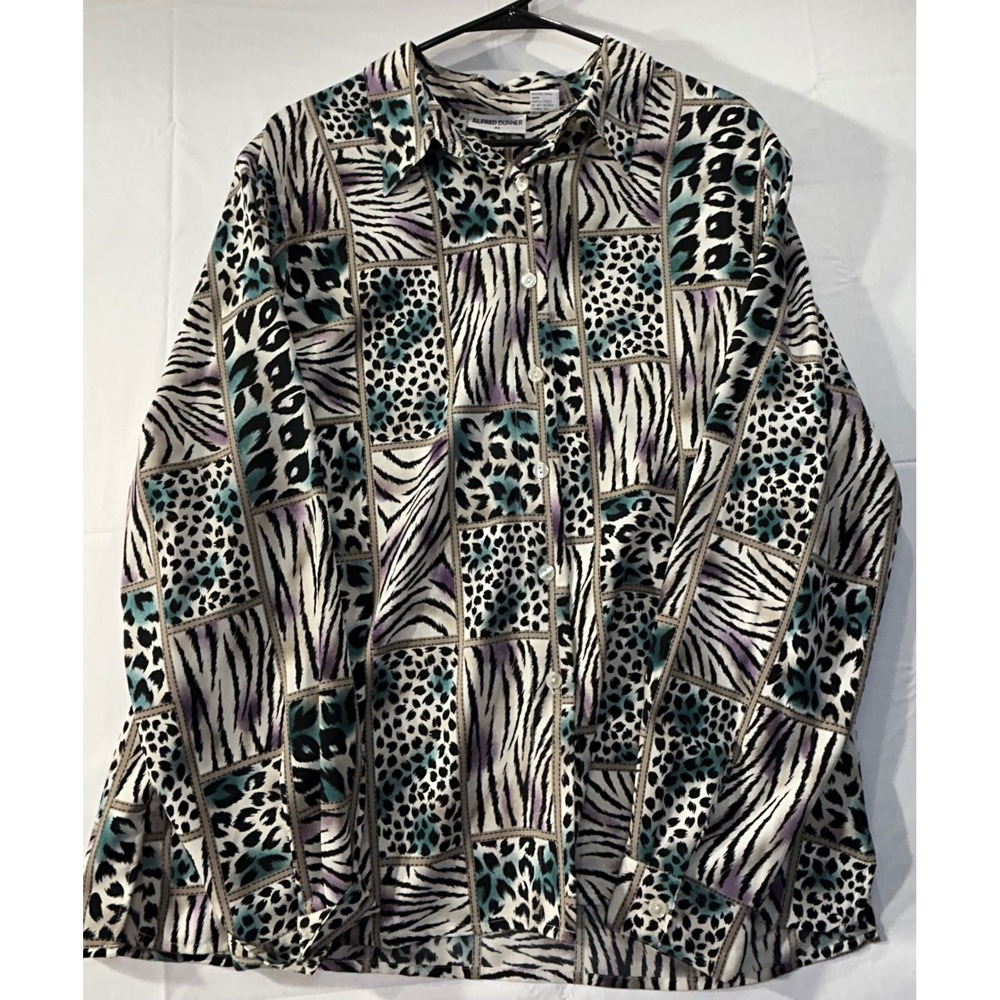 Alfred Dunner Animal Print Patchwork Button Down Shirt Size 20 Teal Purple